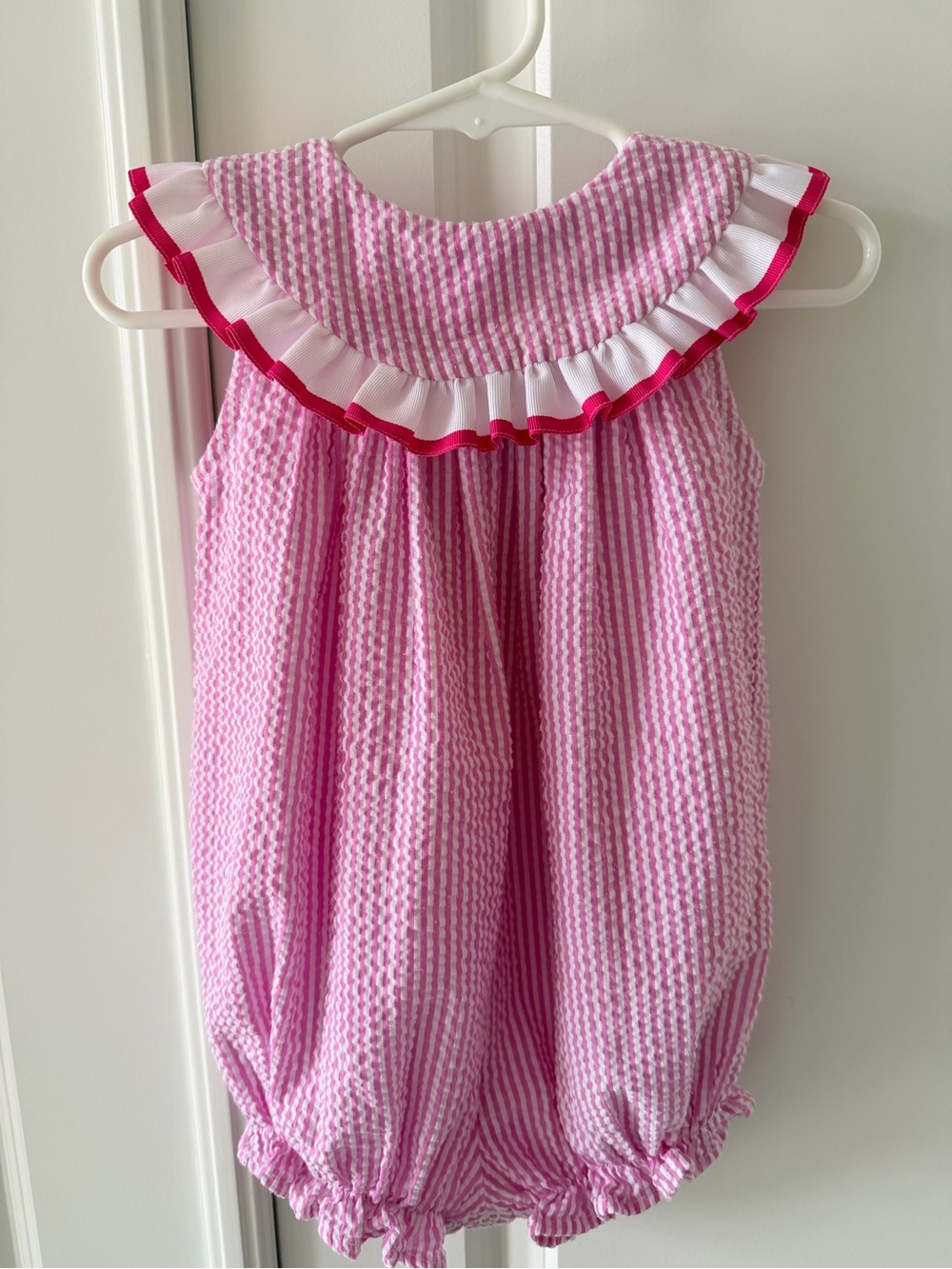 Pink Seersucker Ruffle Collar Baby Bubble Romper - Pink